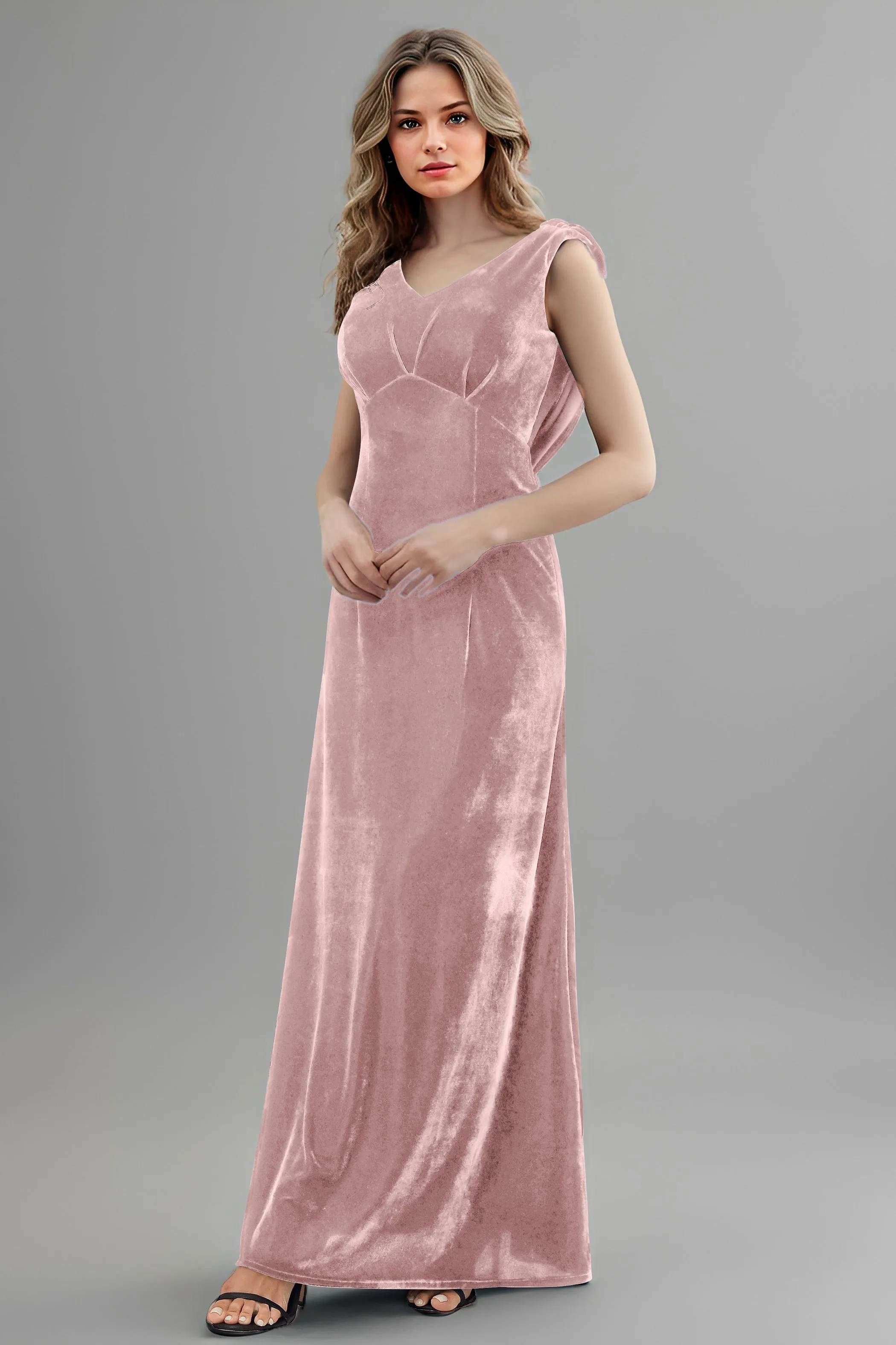 Column High Waist V-Neck Velvet Floor Length Bridesmaid Dresses