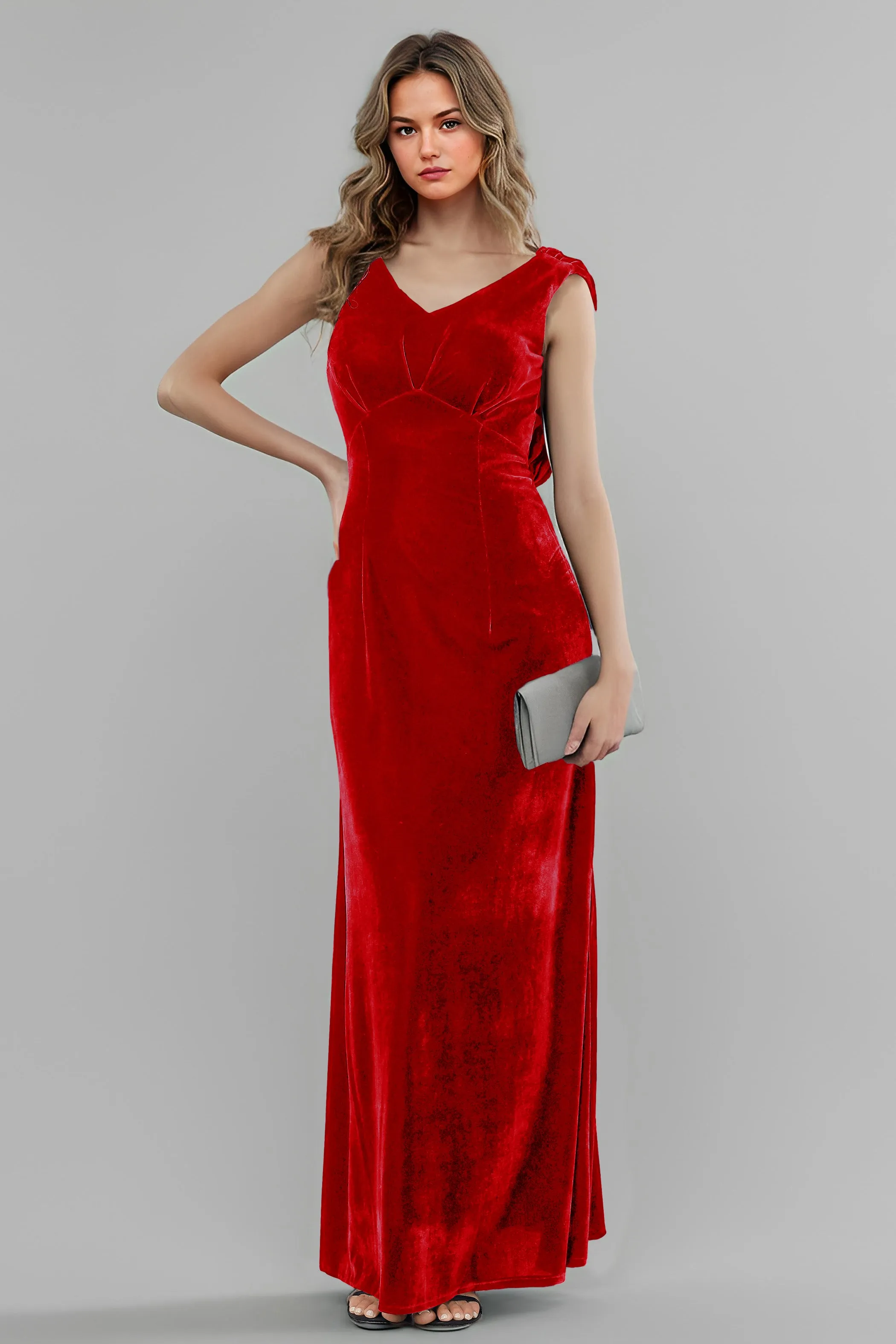 Column High Waist V-Neck Velvet Floor Length Bridesmaid Dresses