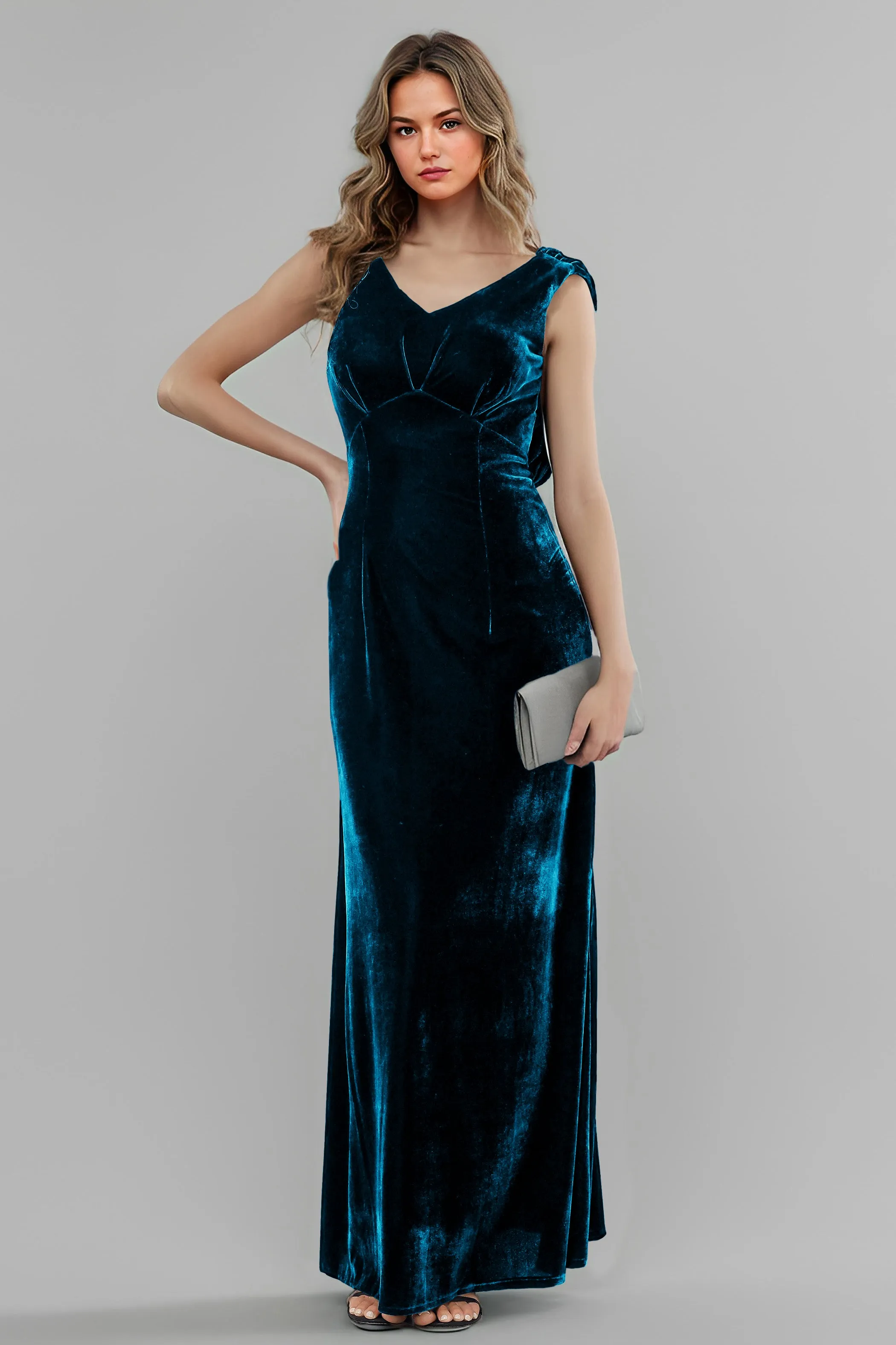 Column High Waist V-Neck Velvet Floor Length Bridesmaid Dresses