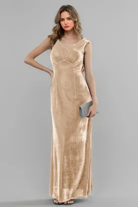 Column High Waist V-Neck Velvet Floor Length Bridesmaid Dresses