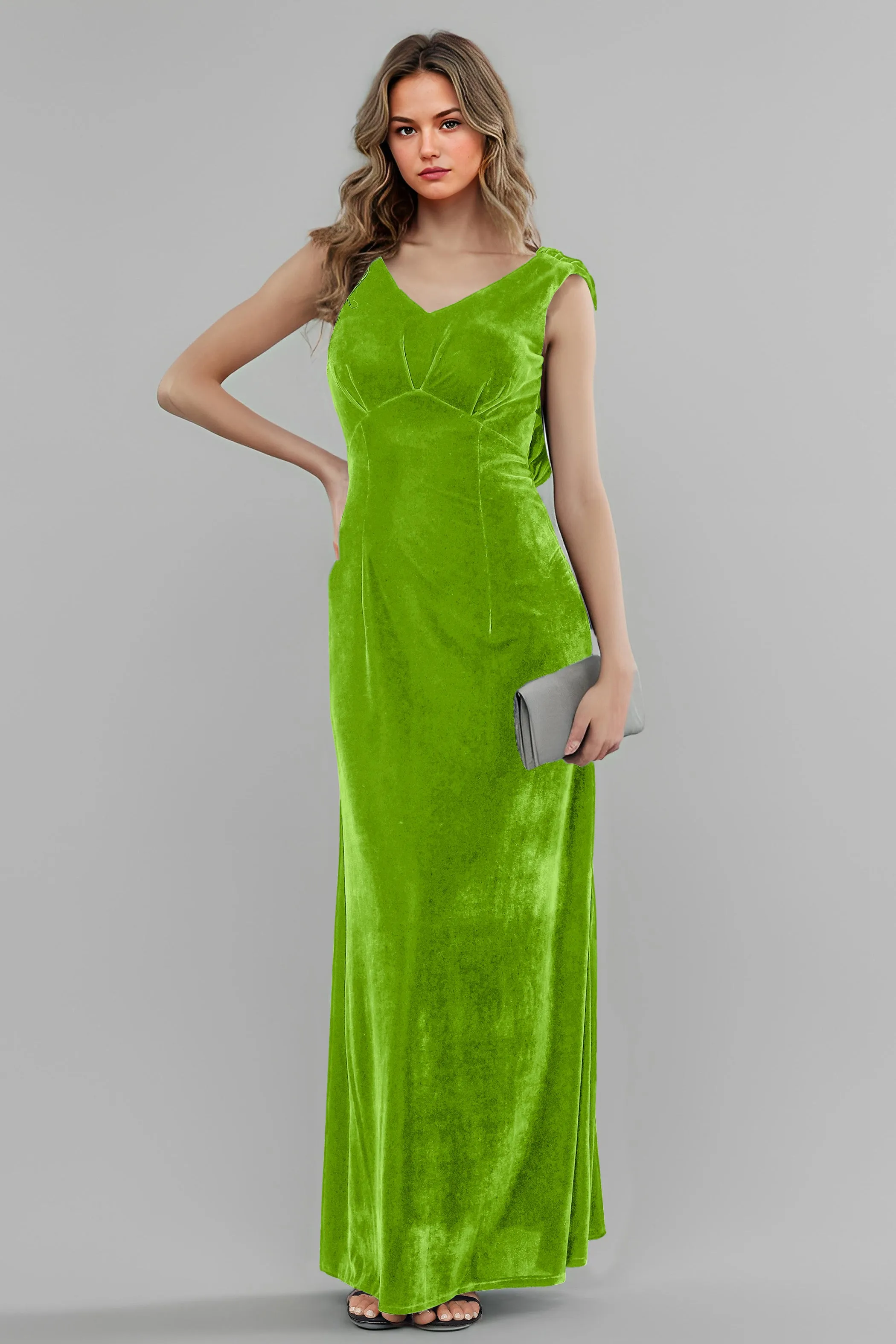 Column High Waist V-Neck Velvet Floor Length Bridesmaid Dresses