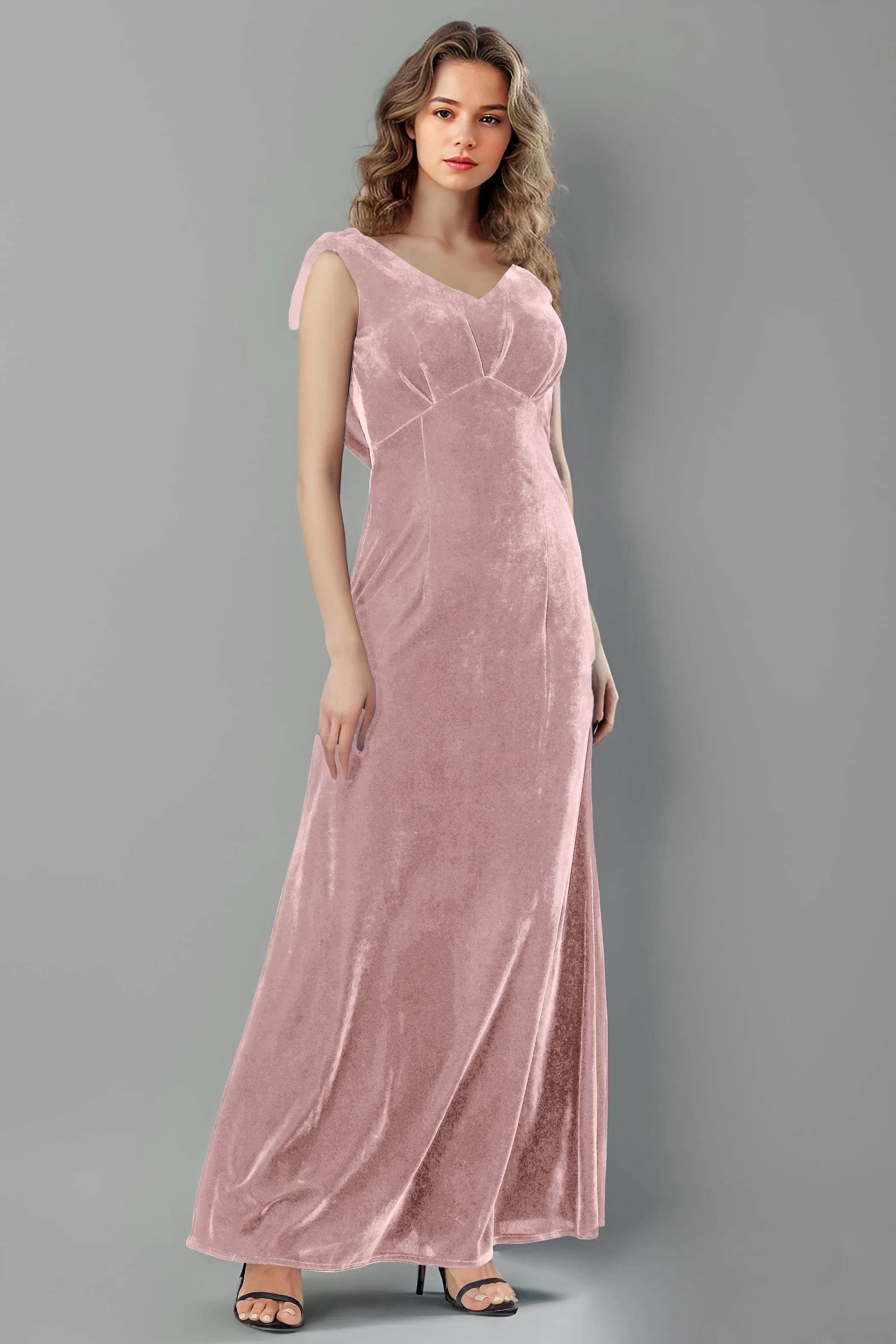 Column High Waist V-Neck Velvet Floor Length Bridesmaid Dresses