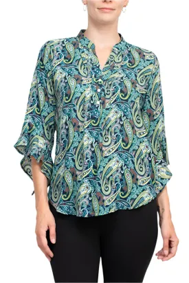 Counterparts split neck button ruffle sleeve multi print chiffon blouse