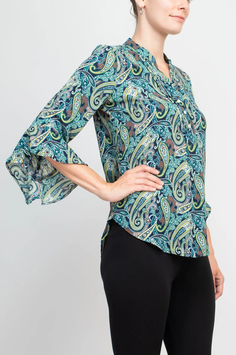 Counterparts split neck button ruffle sleeve multi print chiffon blouse