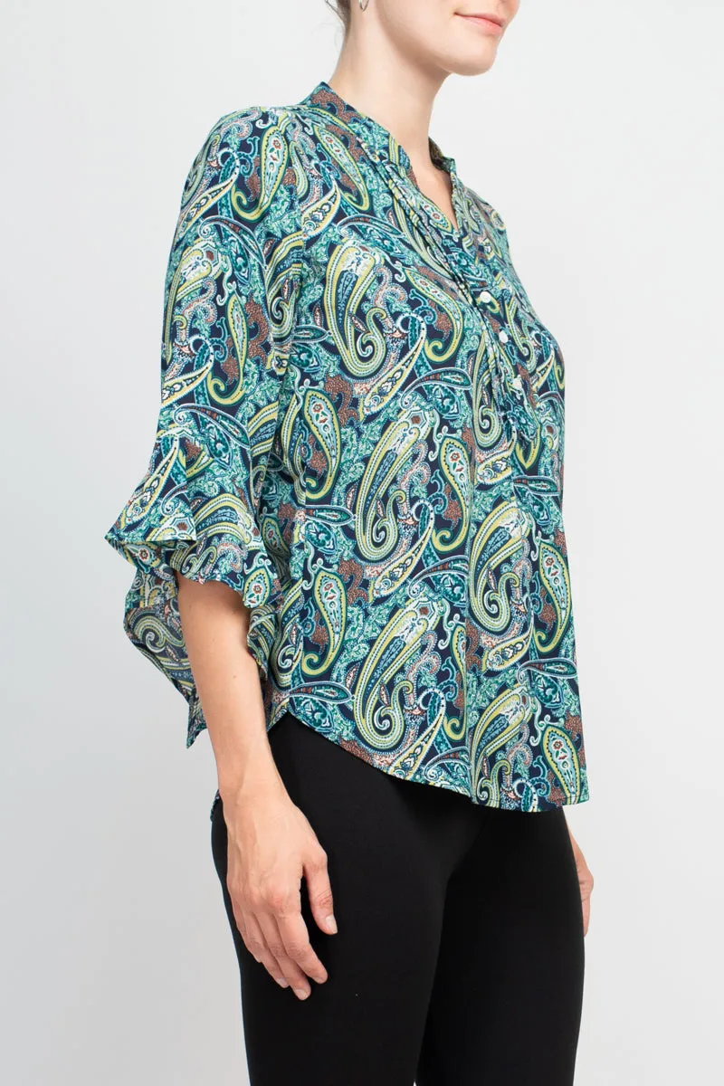 Counterparts split neck button ruffle sleeve multi print chiffon blouse