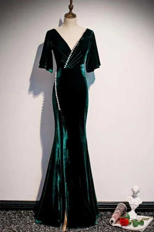 Dark Green Velvet Mermaid V-Neck Formal Dress Party Dress Long Evening Dress MD7218