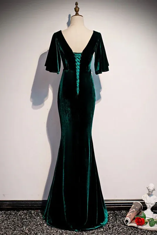 Dark Green Velvet Mermaid V-Neck Formal Dress Party Dress Long Evening Dress MD7218