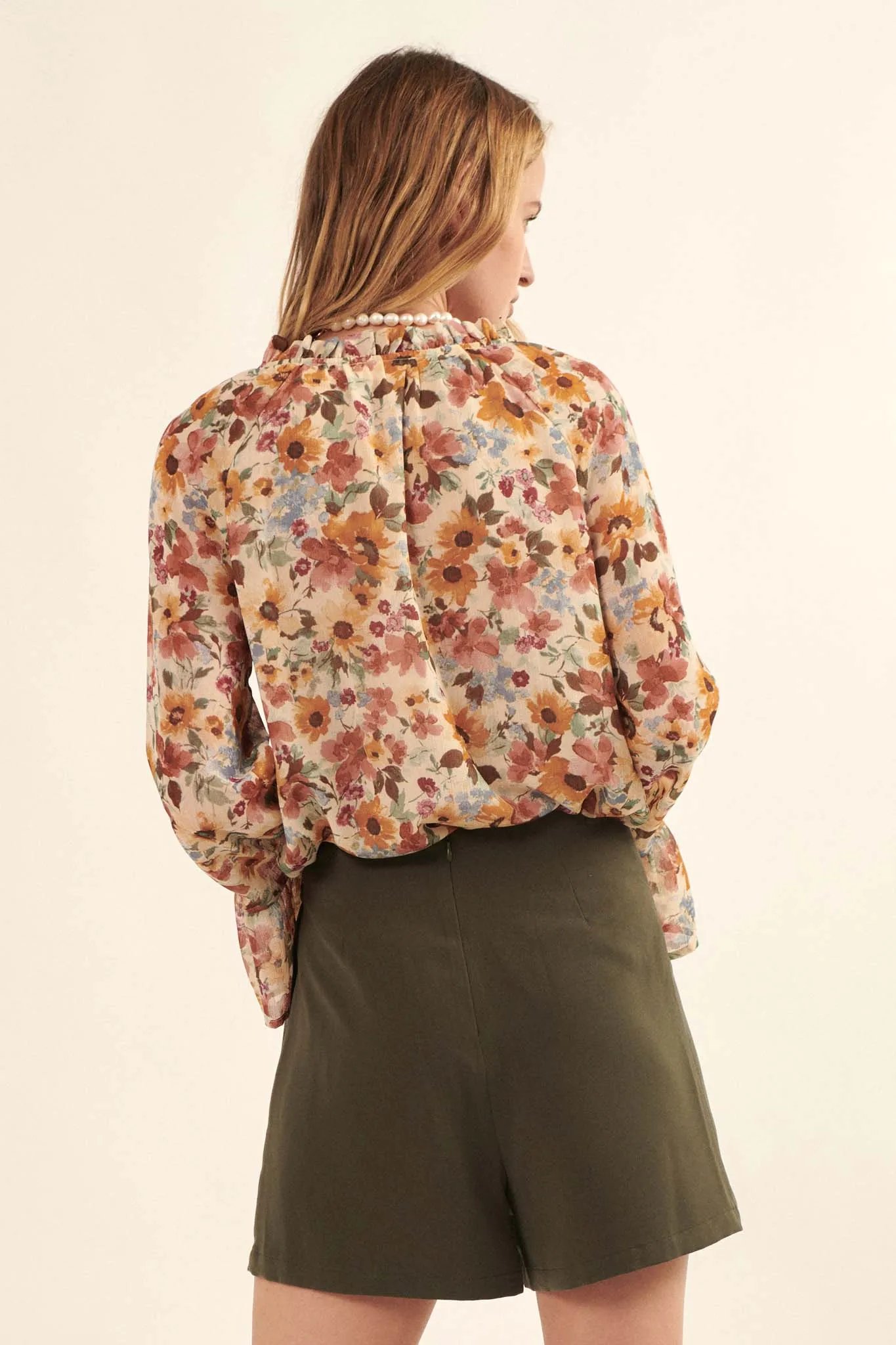 Day by Day Floral Chiffon Trumpet-Sleeve Top