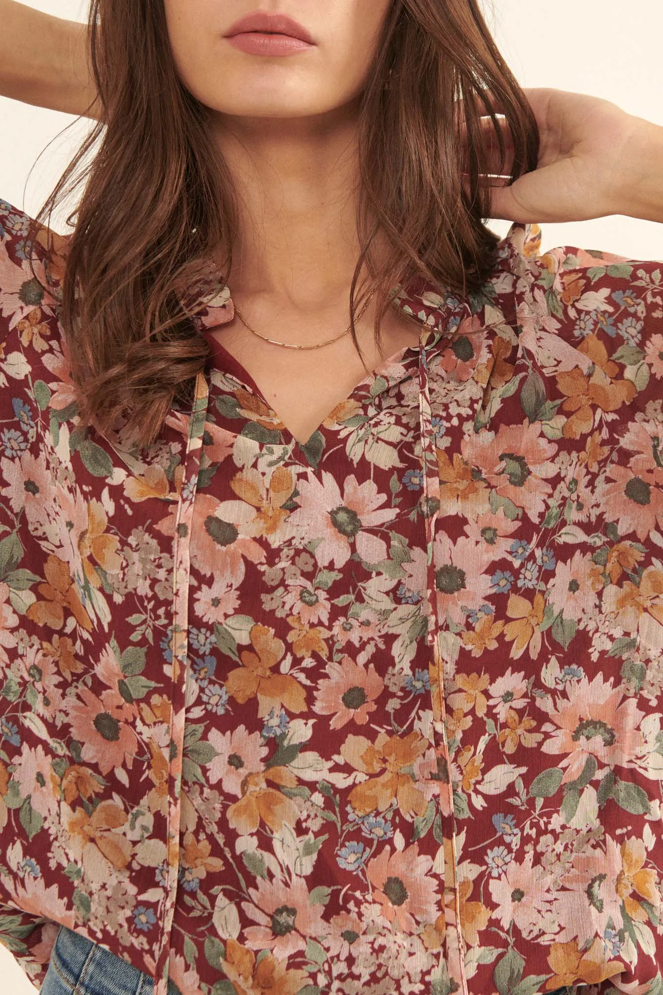 Day by Day Floral Chiffon Trumpet-Sleeve Top