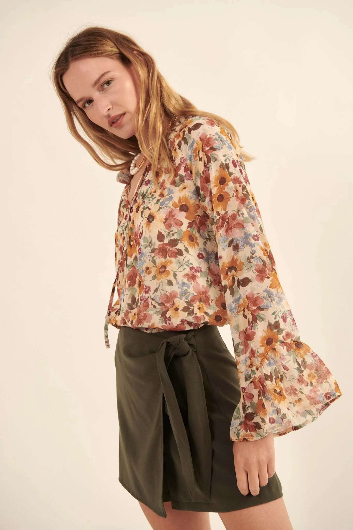 Day by Day Floral Chiffon Trumpet-Sleeve Top