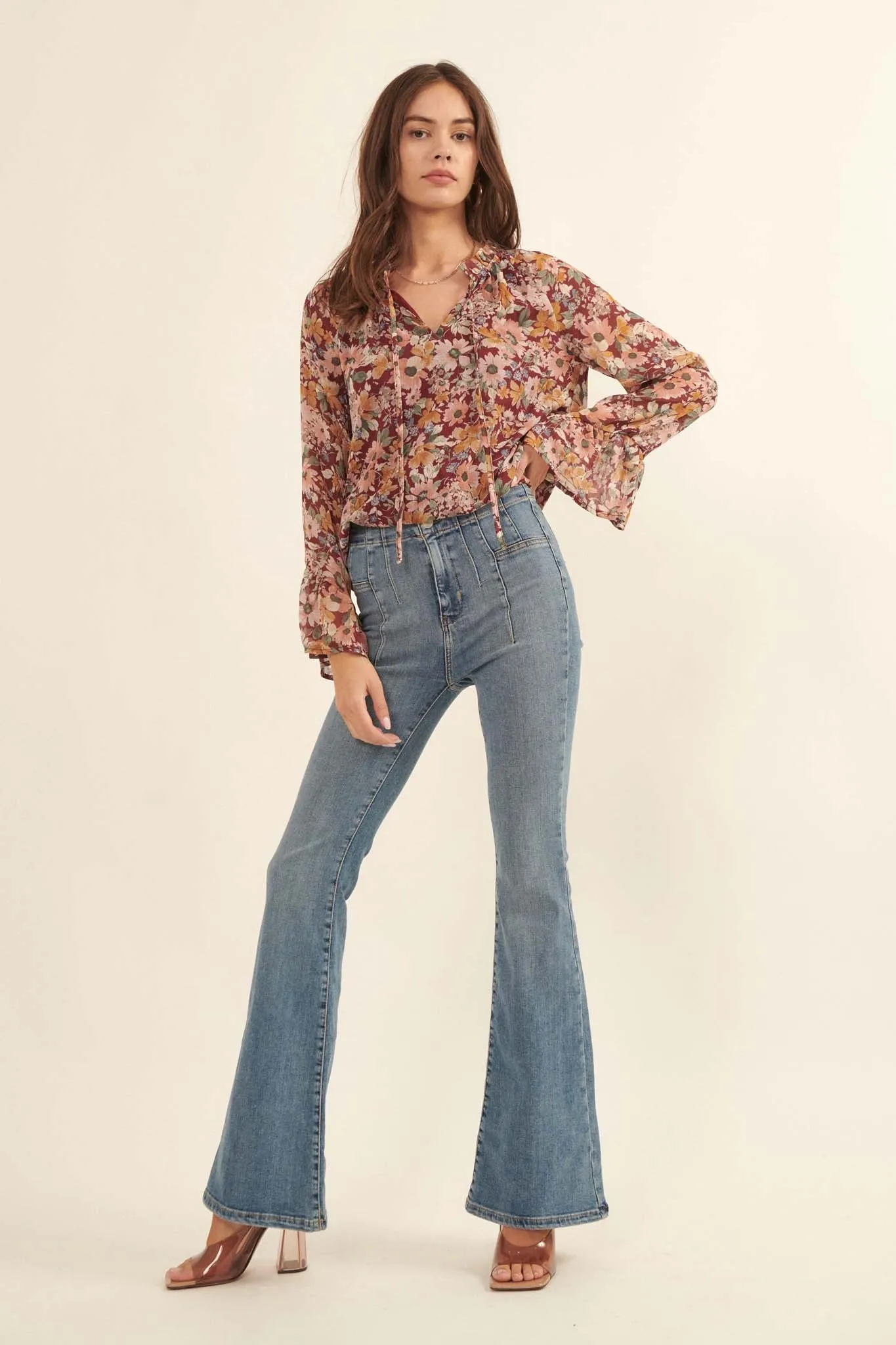 Day by Day Floral Chiffon Trumpet-Sleeve Top