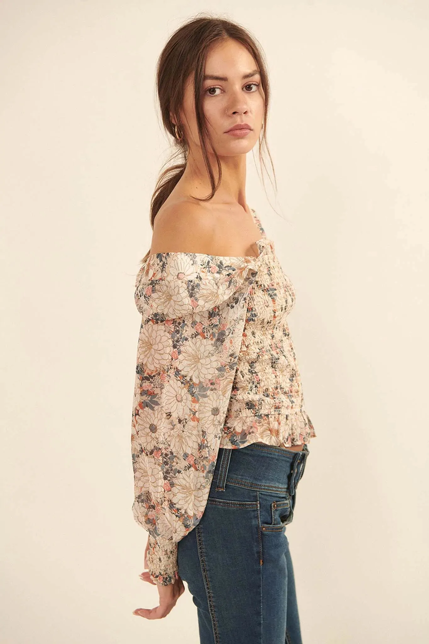 Embraceable You Smocked Floral Peasant Top