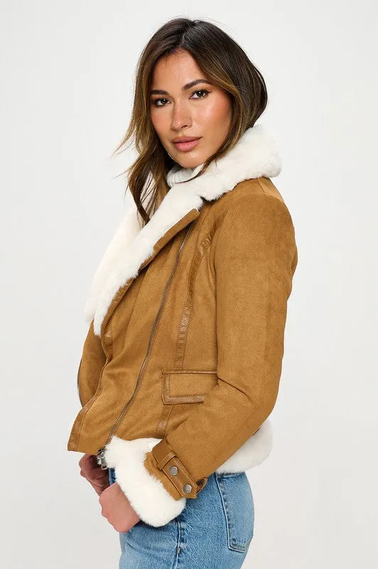 Faux Suede Moto Jacket with Faux Fur Accents