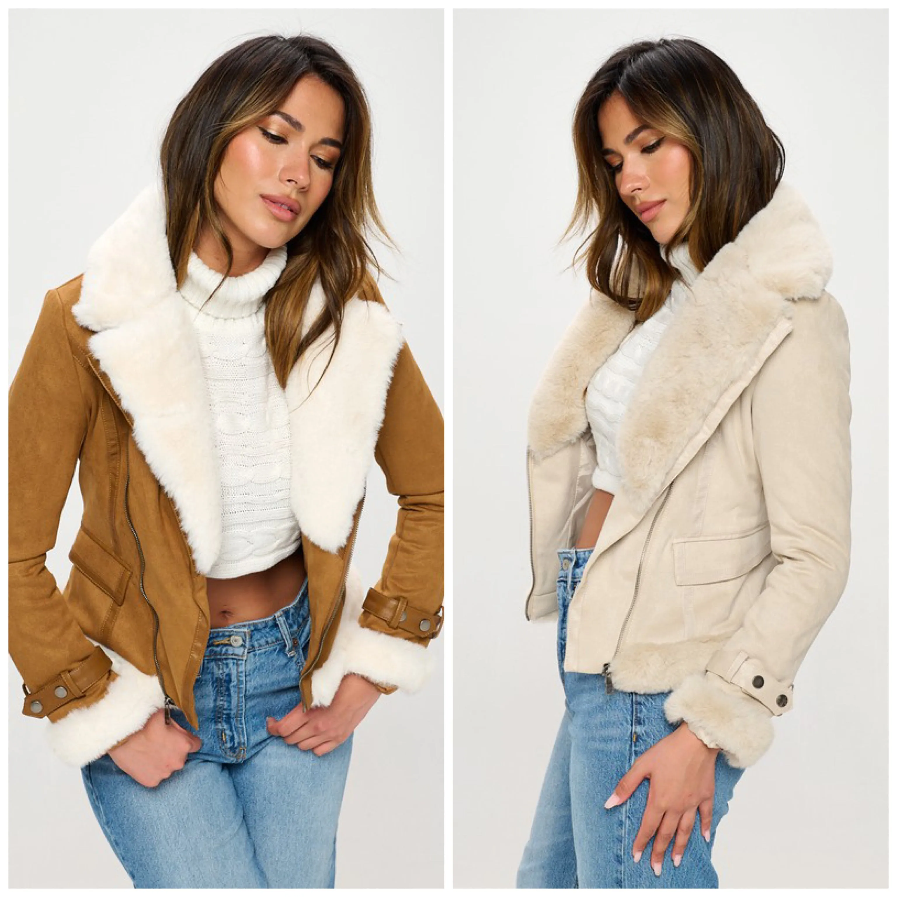 Faux Suede Moto Jacket with Faux Fur Accents