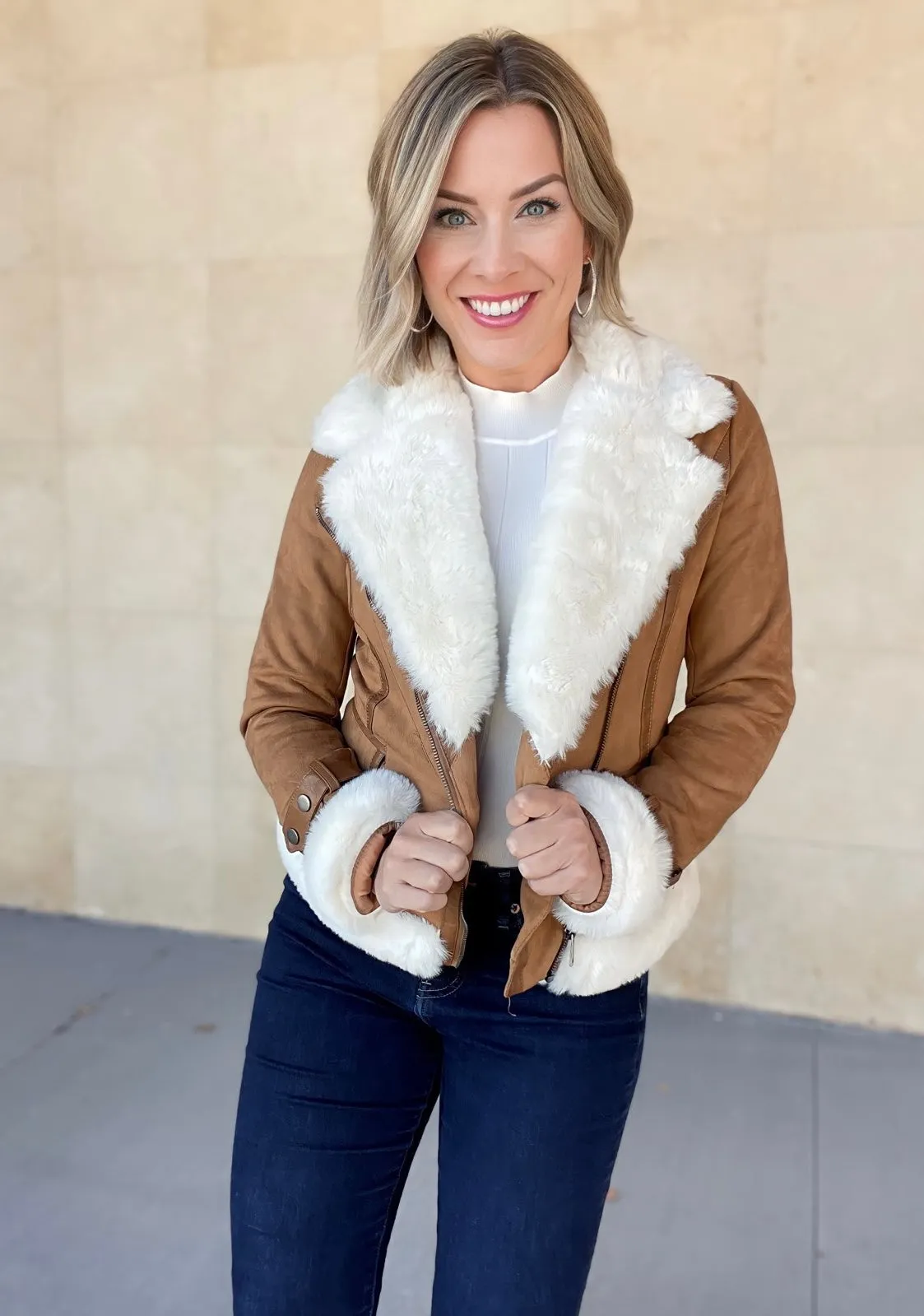 Faux Suede Moto Jacket with Faux Fur Accents