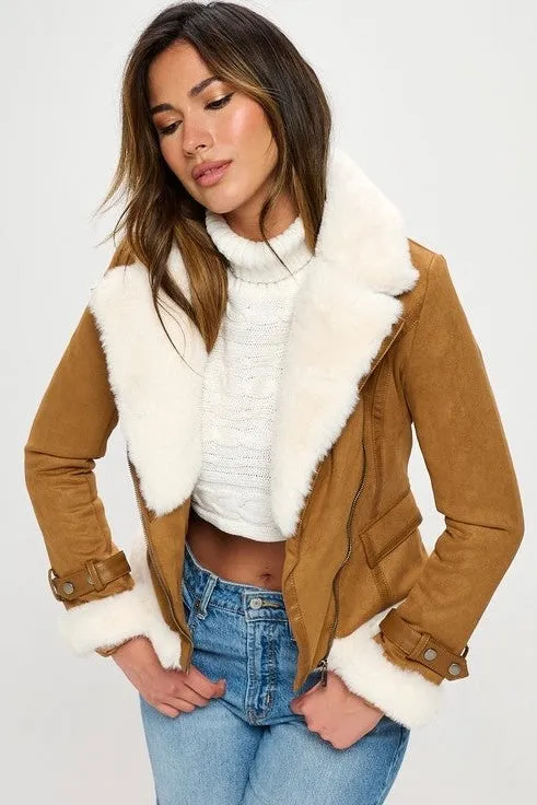 Faux Suede Moto Jacket with Faux Fur Accents