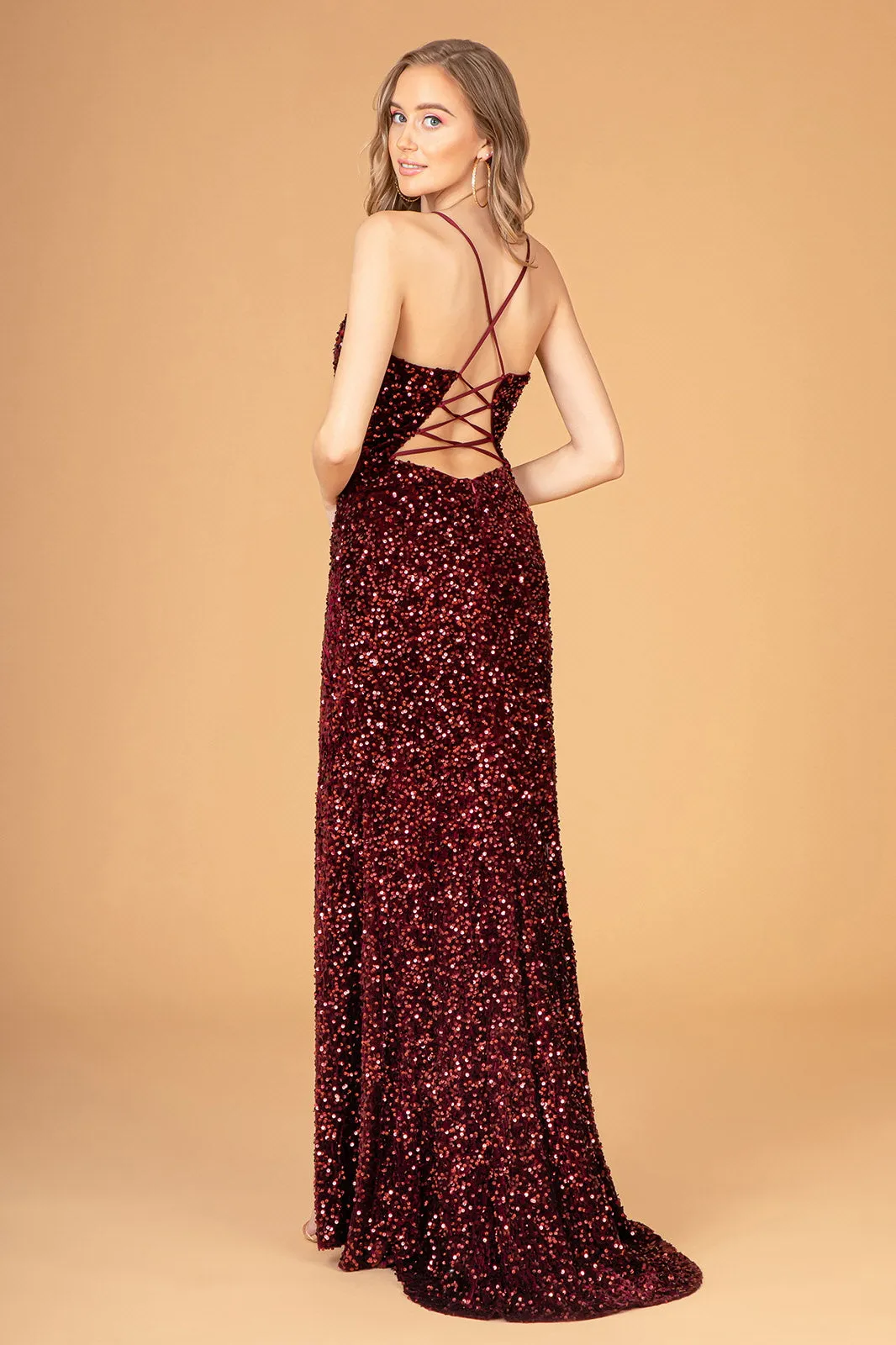 Fitted Sequin Velvet Slit Gown by Elizabeth K GL3081