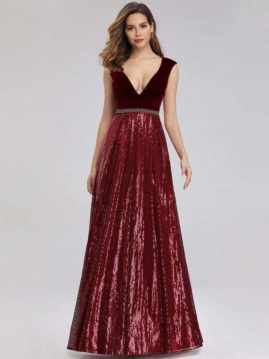 Floor Length Velvet and Sequin Evening Dress for Women