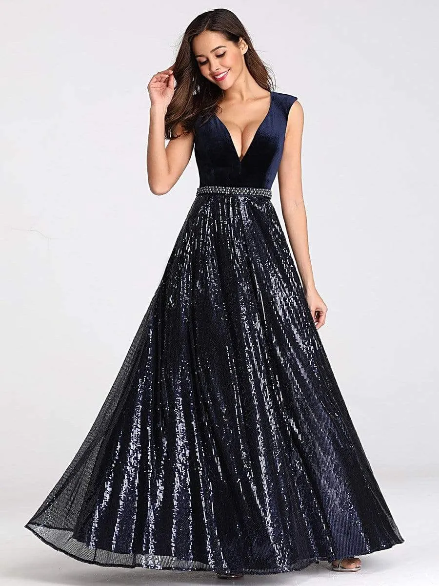 Floor Length Velvet and Sequin Evening Dress for Women