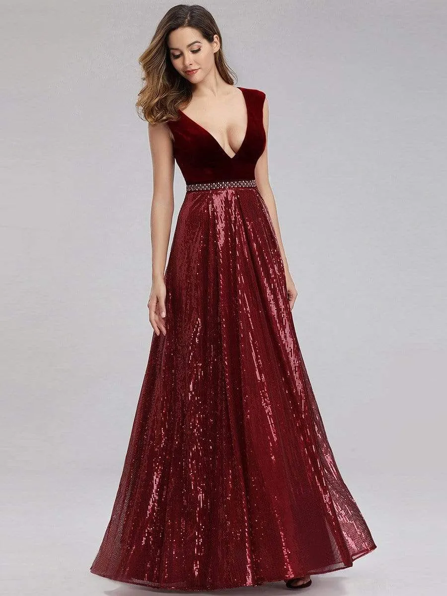 Floor Length Velvet and Sequin Evening Dress for Women