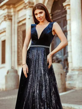 Floor Length Velvet and Sequin Evening Dress for Women