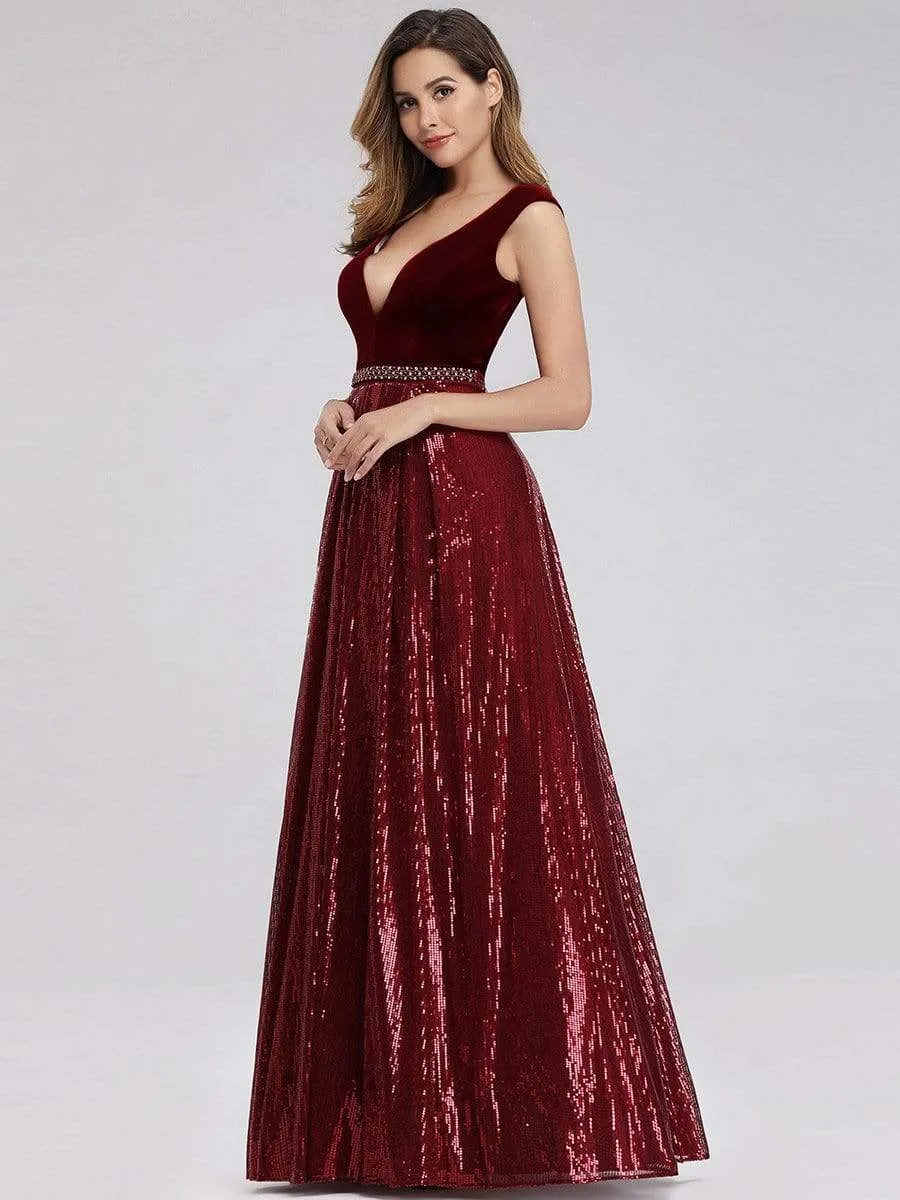 Floor Length Velvet and Sequin Evening Dress for Women