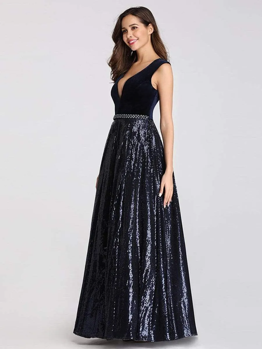 Floor Length Velvet and Sequin Evening Dress for Women