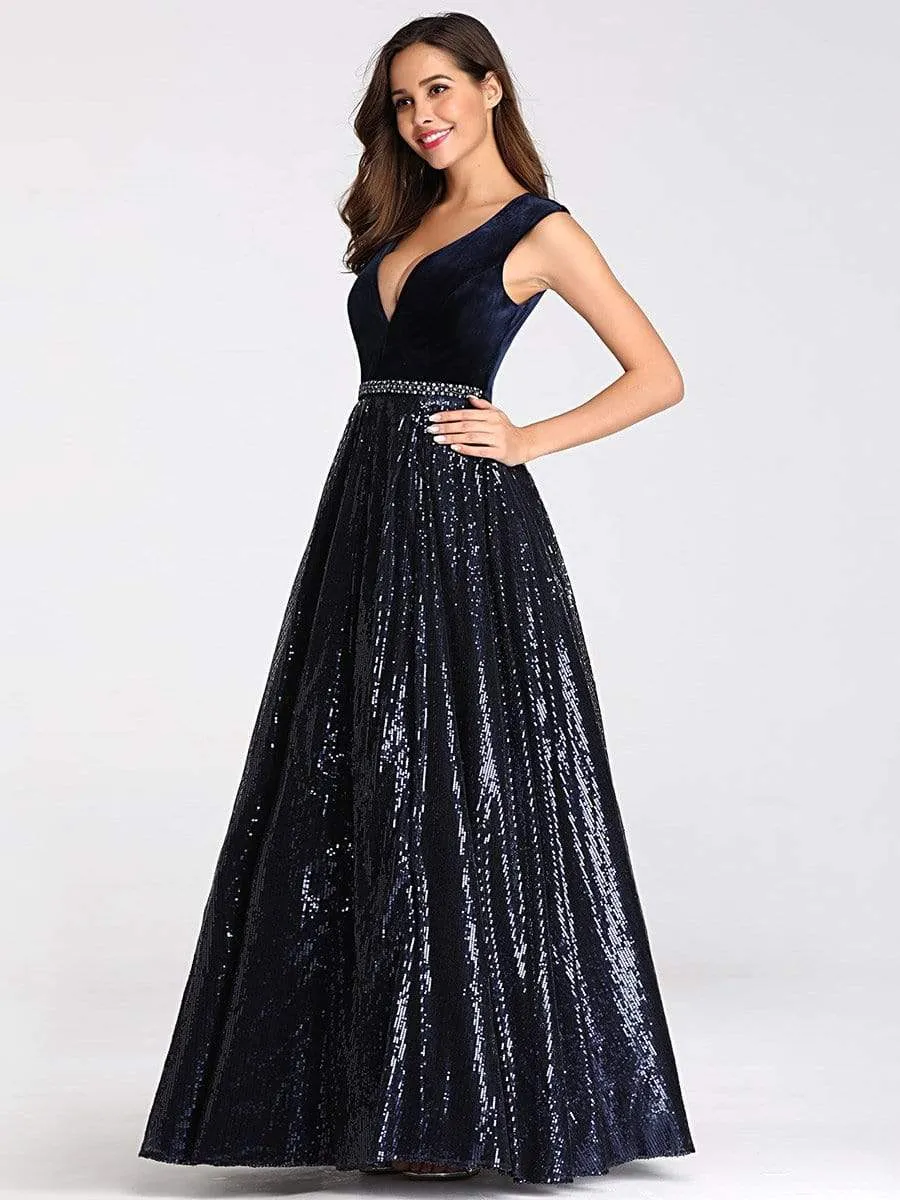 Floor Length Velvet and Sequin Evening Dress for Women