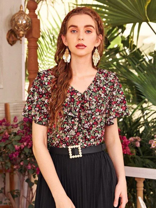 Floral Print Ruffle Trim Chiffon Blouse