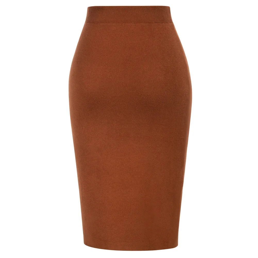 Front Slit Sweater Skirt Elastic High Waist Knitted Bodycon Work Skirt