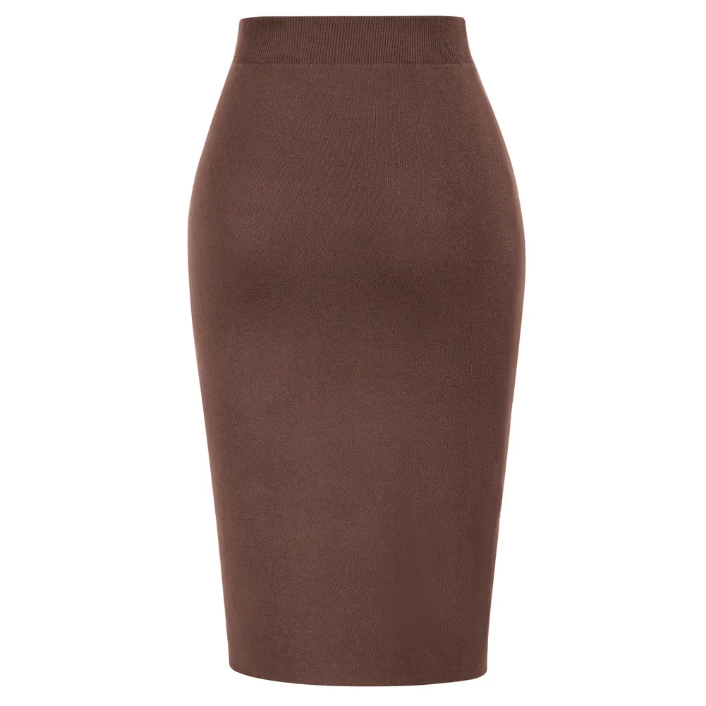 Front Slit Sweater Skirt Elastic High Waist Knitted Bodycon Work Skirt