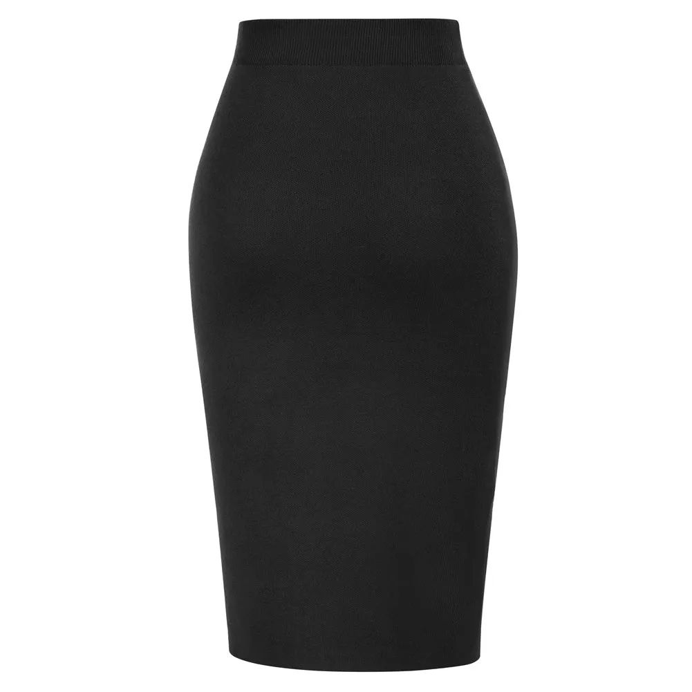 Front Slit Sweater Skirt Elastic High Waist Knitted Bodycon Work Skirt