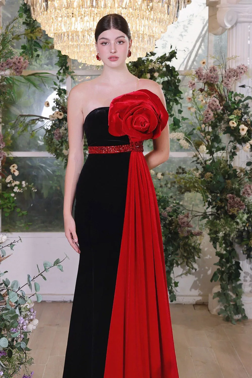 Glamour Strapless Flower Applique Velvet Floor Length Dress