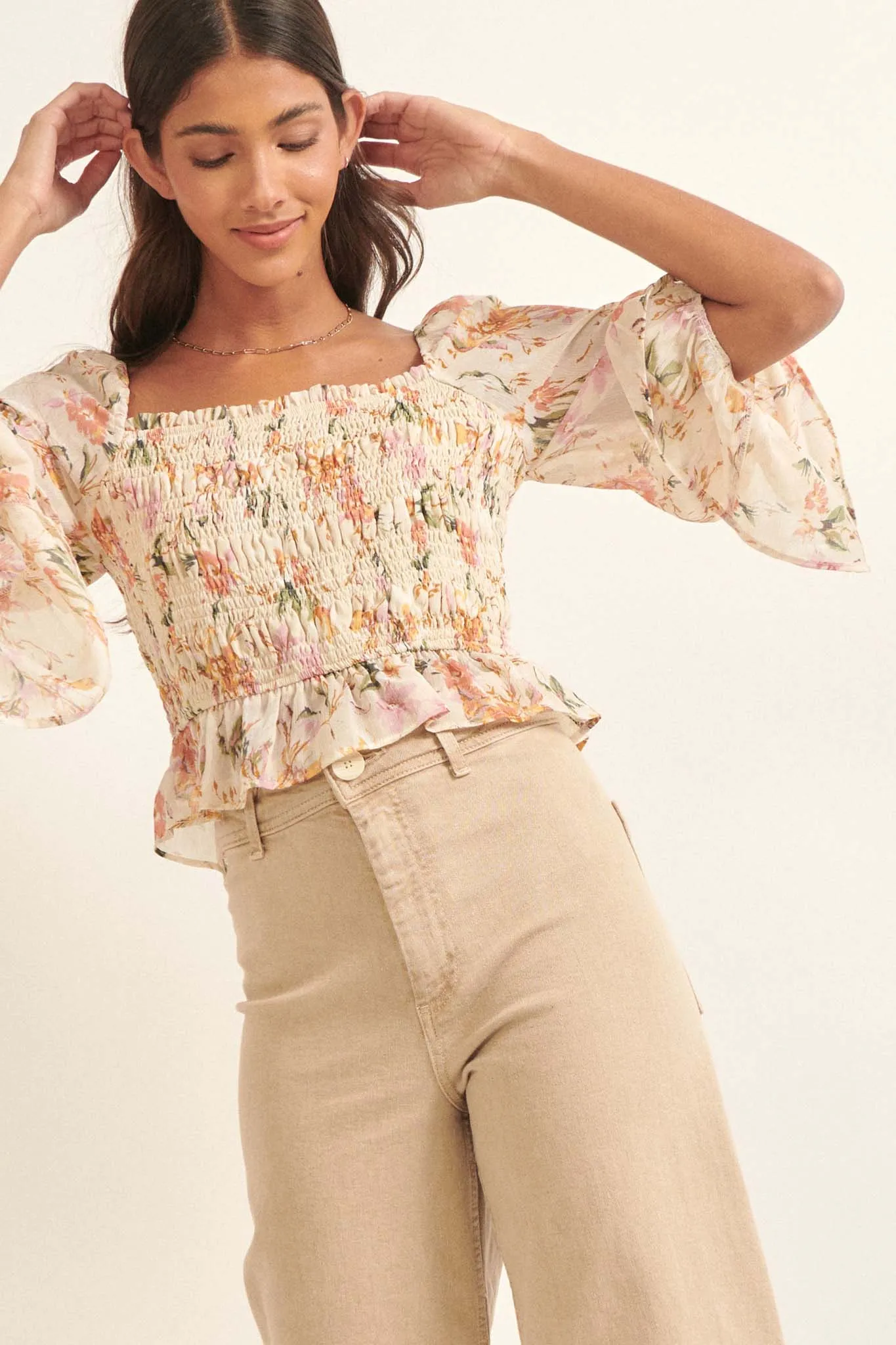 Gossamer Petals Smocked Floral Peasant Top