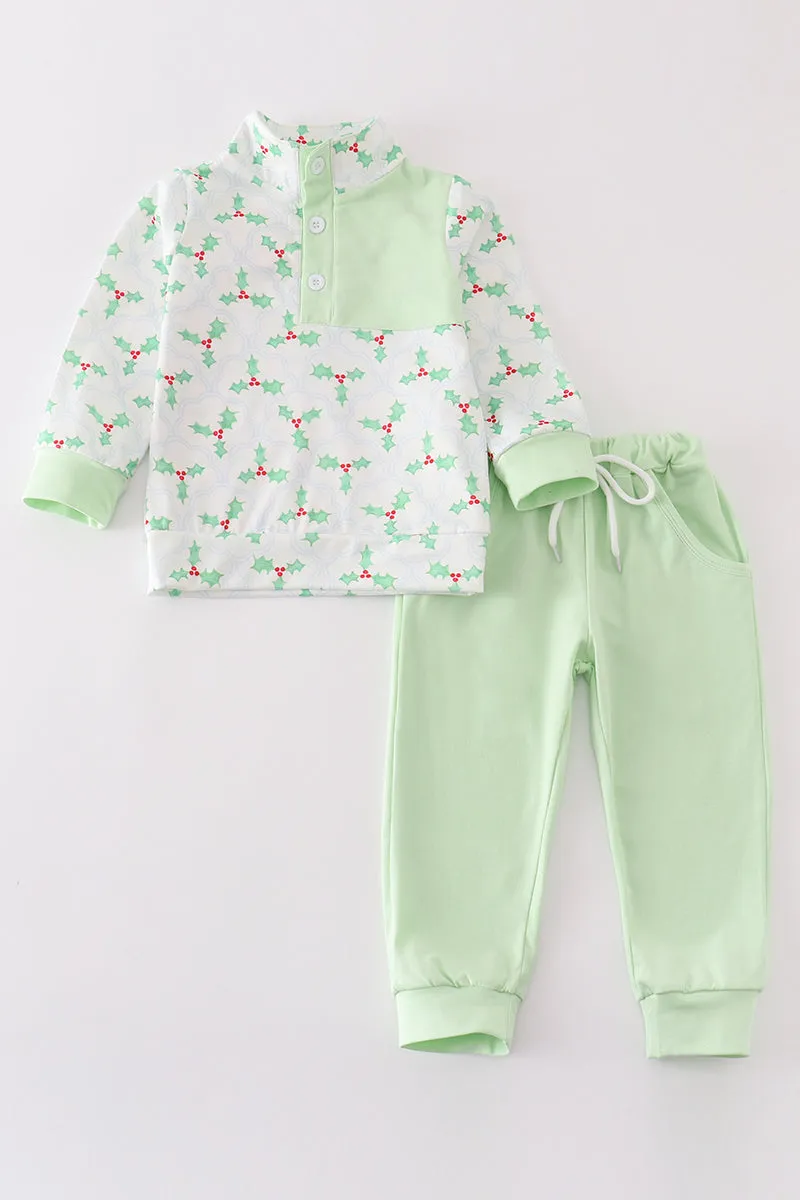 Green christmas holly boy jogger set