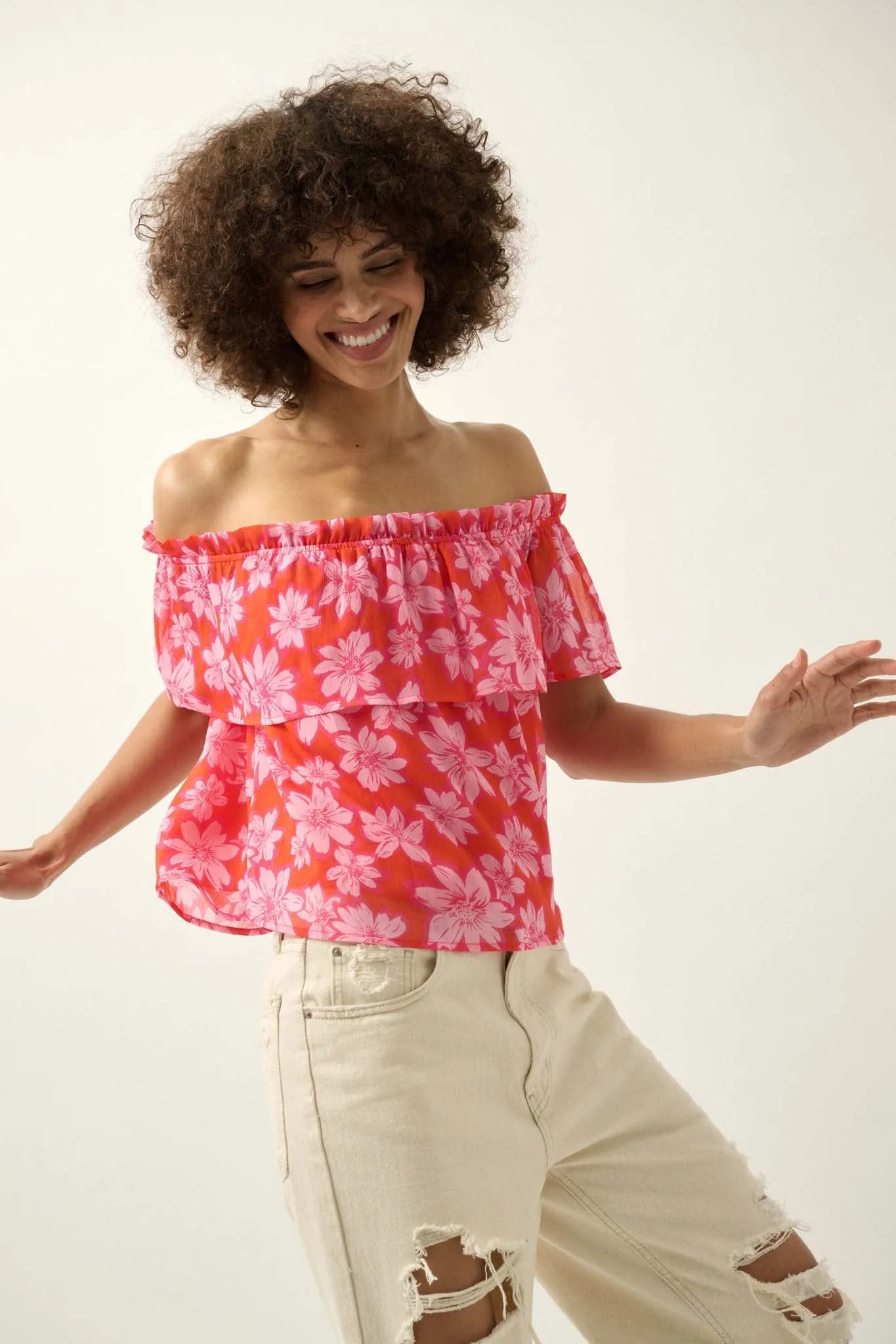 Island Breeze Off-Shoulder Floral Chiffon Blouse