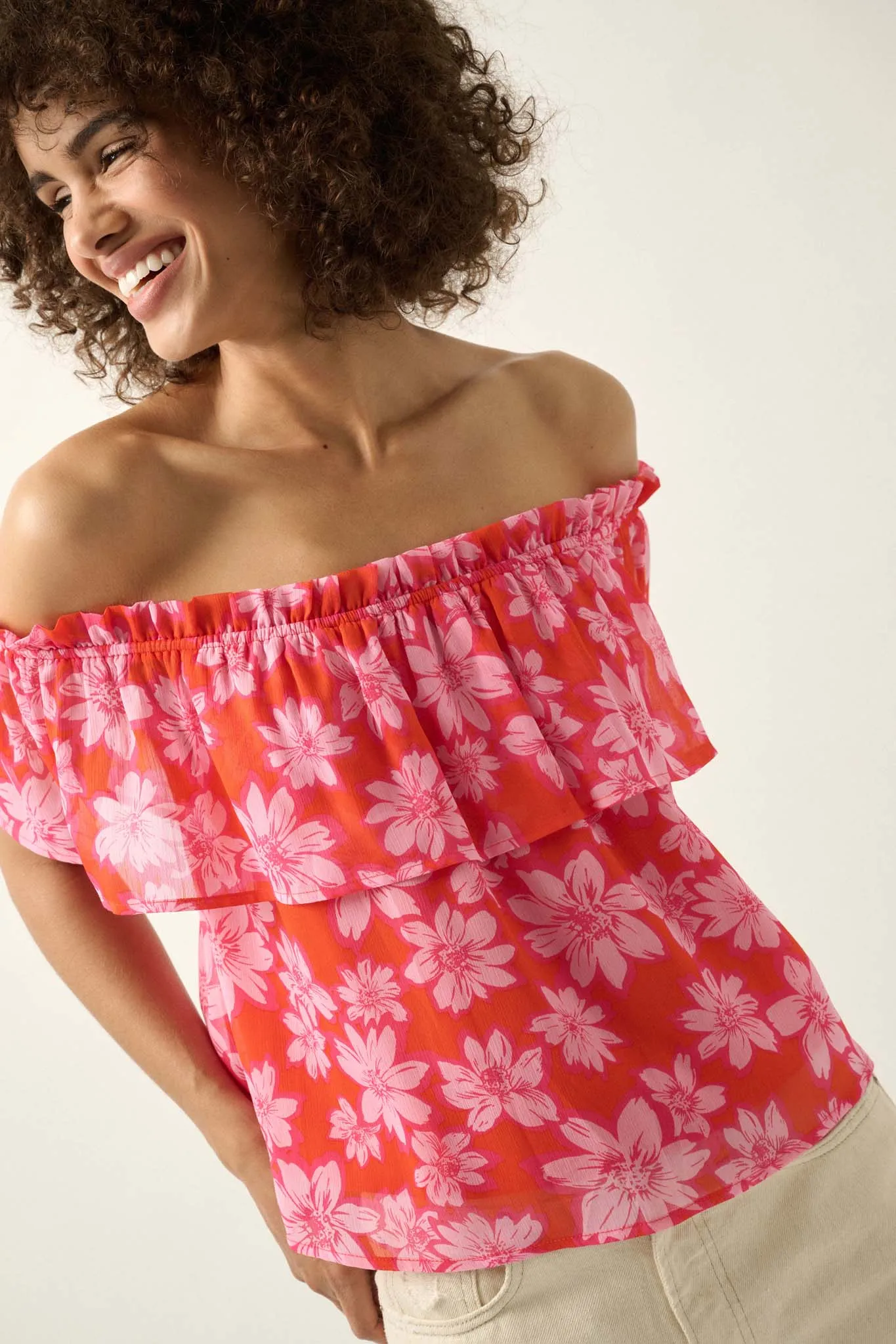 Island Breeze Off-Shoulder Floral Chiffon Blouse