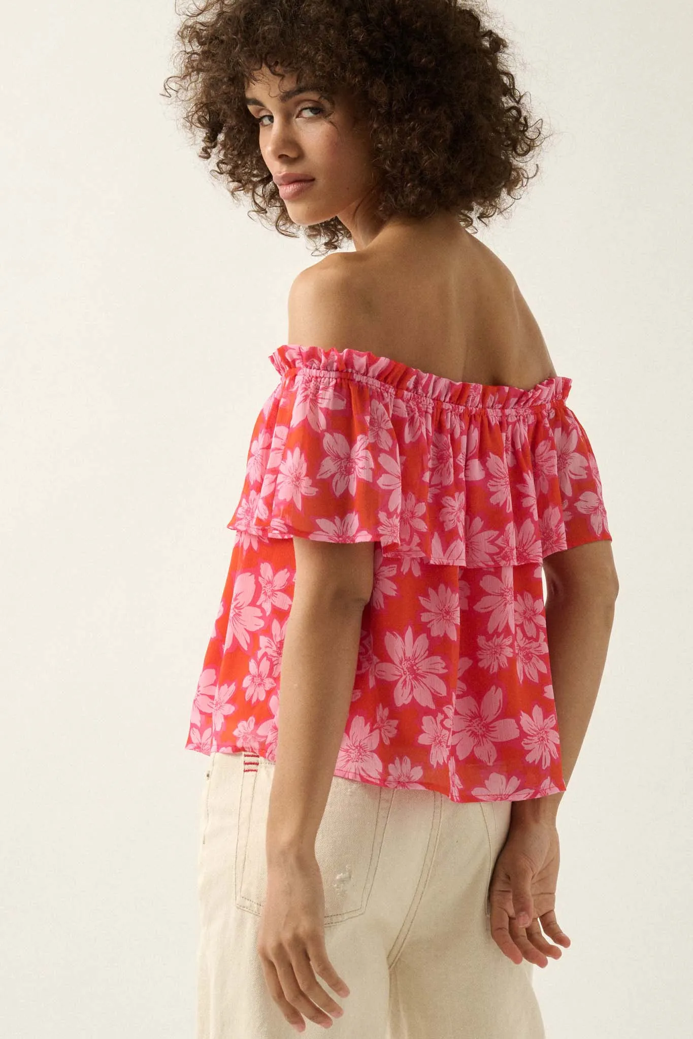 Island Breeze Off-Shoulder Floral Chiffon Blouse