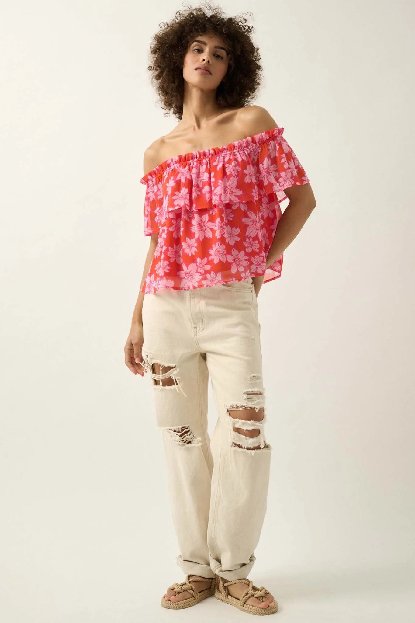 Island Breeze Off-Shoulder Floral Chiffon Blouse