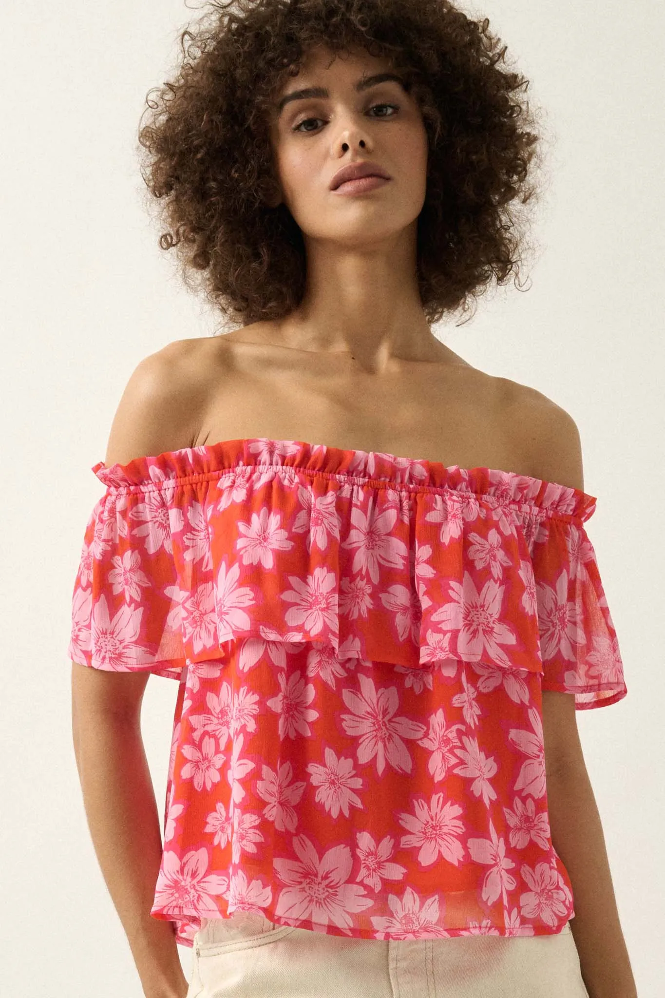 Island Breeze Off-Shoulder Floral Chiffon Blouse