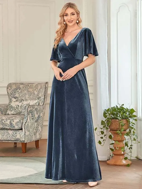 Jorrie full velvet short sleeved winter bridesmaid gown