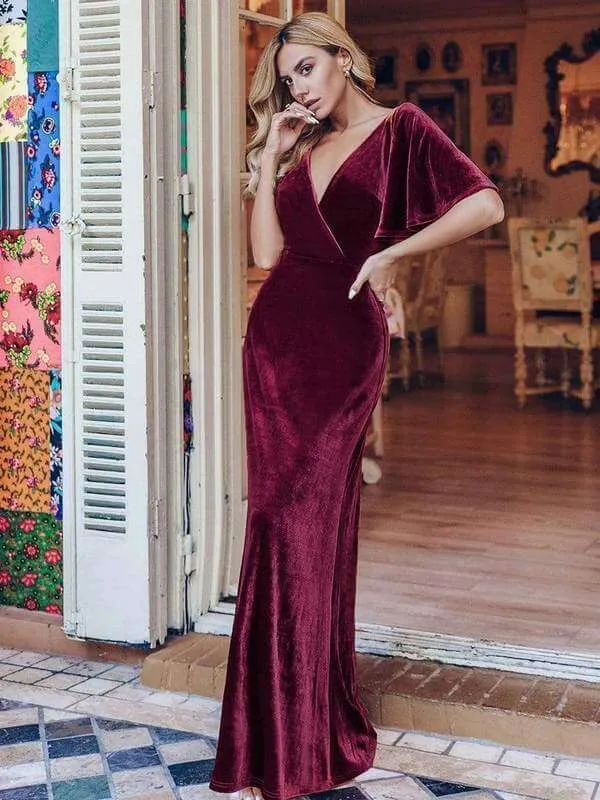 Jorrie full velvet short sleeved winter bridesmaid gown