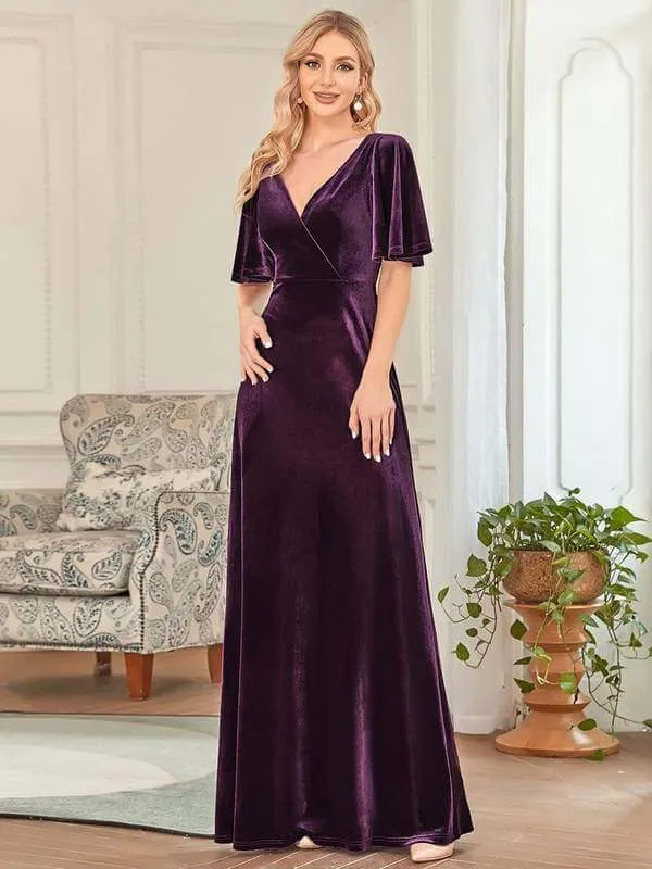 Jorrie full velvet short sleeved winter bridesmaid gown