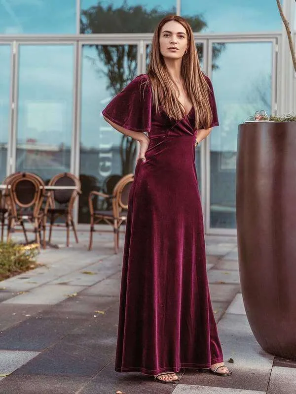 Jorrie full velvet short sleeved winter bridesmaid gown