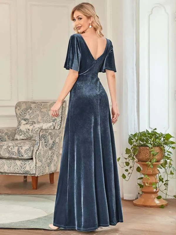 Jorrie full velvet short sleeved winter bridesmaid gown