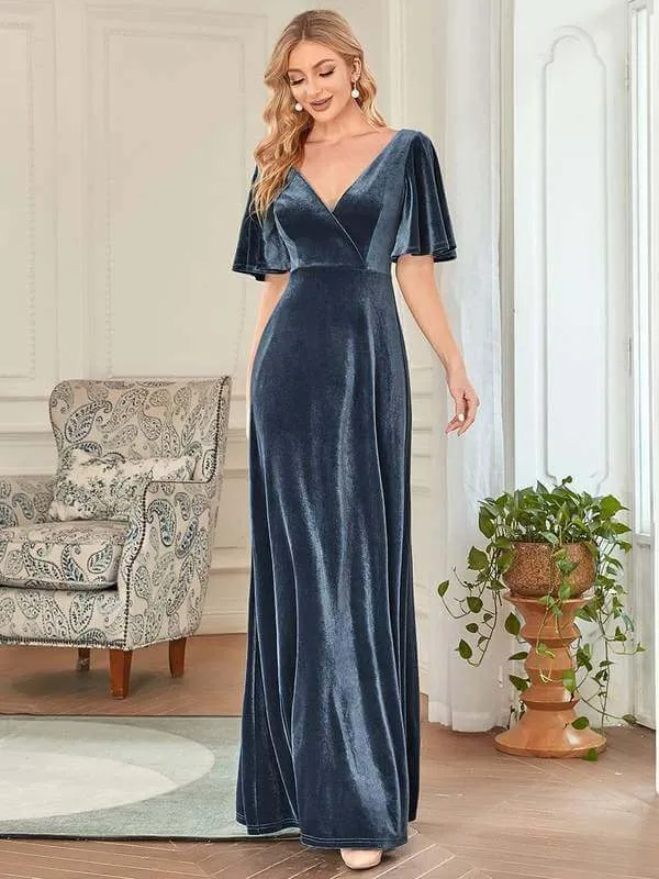 Jorrie full velvet short sleeved winter bridesmaid gown