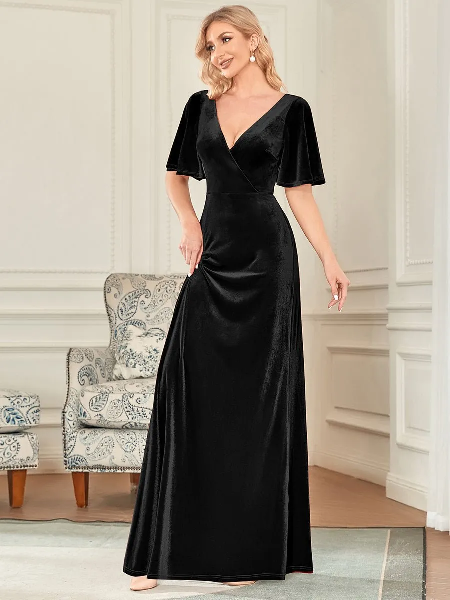 Jorrie full velvet short sleeved winter bridesmaid gown