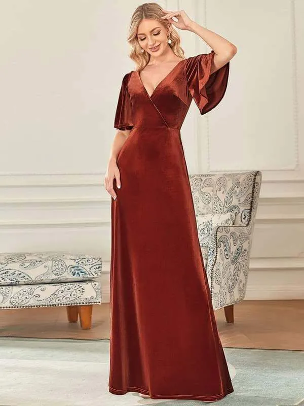 Jorrie full velvet short sleeved winter bridesmaid gown