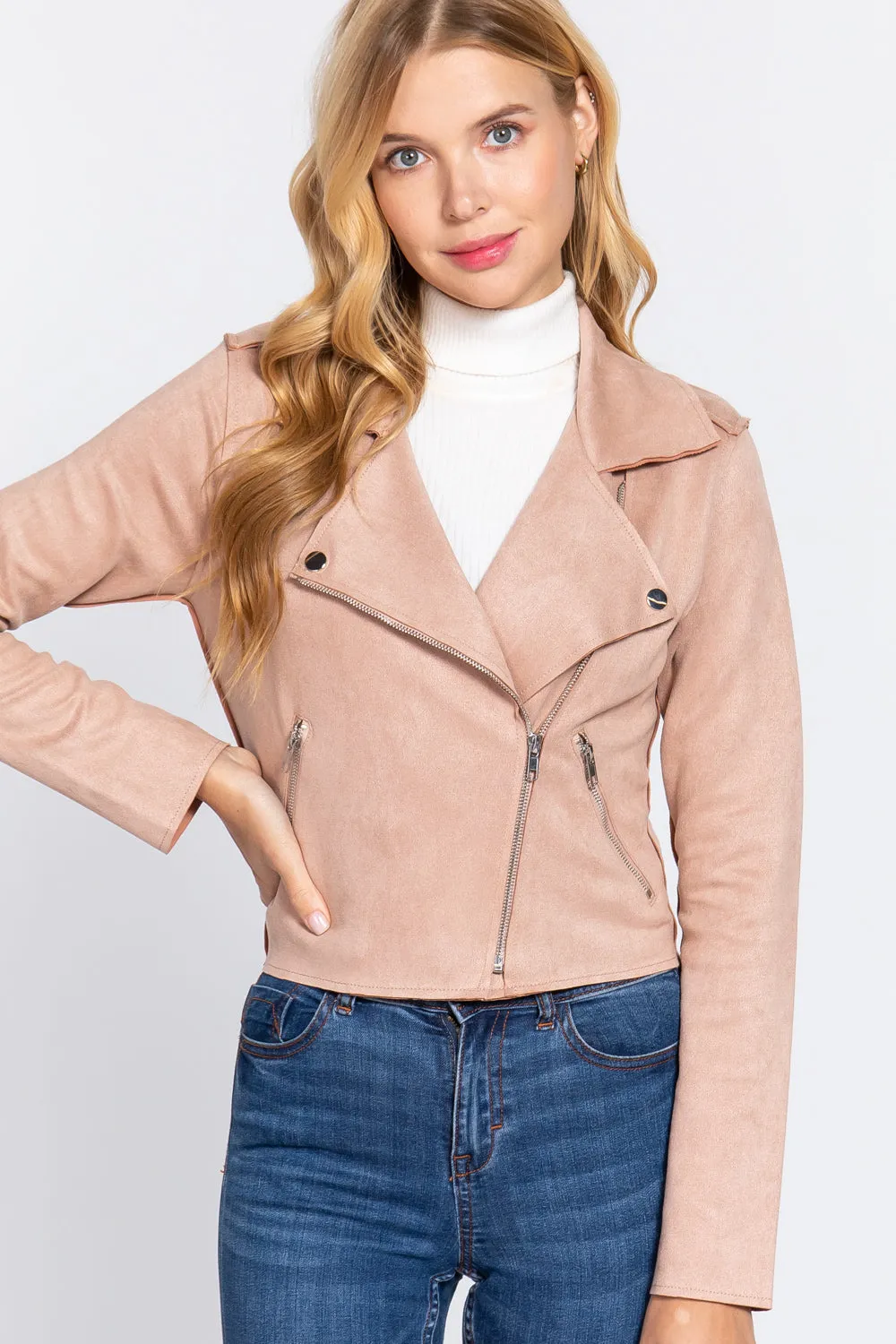 Long Slv Biker Faux Suede Short Jacket - 2 colors