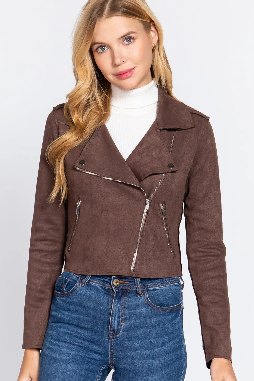 Long Slv Biker Faux Suede Short Jacket - 2 colors